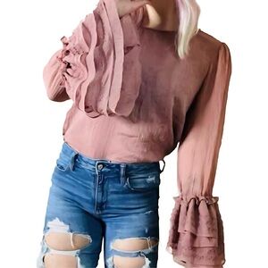 Stellah Dusty Rose Bell Sleeve Ruffle Blouse - Size S